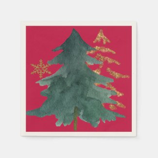 Arty Green and Gold Trees Christmas Napkin