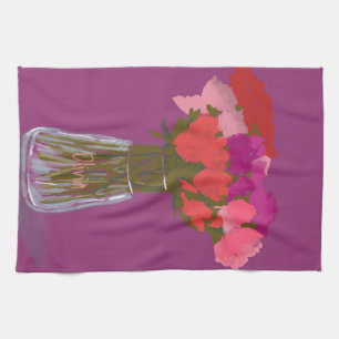 Arty Happy Colorful Flowers In Vase +Custom Name Kitchen Towel