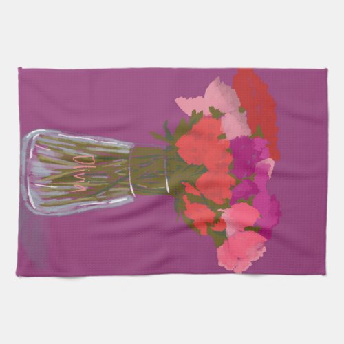 Arty Happy Colorful Flowers In Vase  Custom Name Kitchen Towel