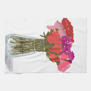Arty Happy Colorful Flowers In Vase +Custom Name Kitchen Towel