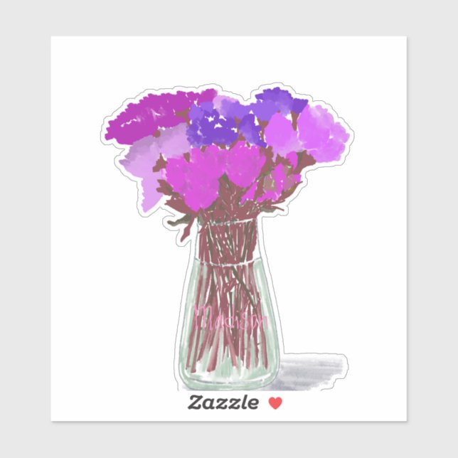 Arty Happy Colorful Flowers In Vase  +Custom Name Sticker (Sheet)