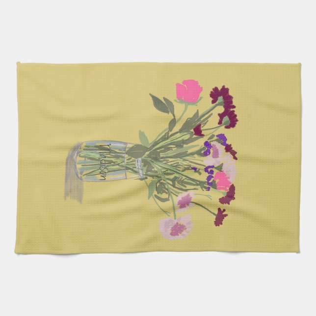 Arty Happy Colorful Wildflowers  +Custom Name Kitchen Towel (Horizontal)