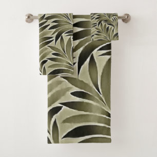 Arty Leaves In Dull Green Grey Kkaki Color Bath Towel Set
