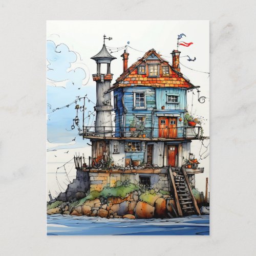 Arty Little Seaside Shack Art Postcard