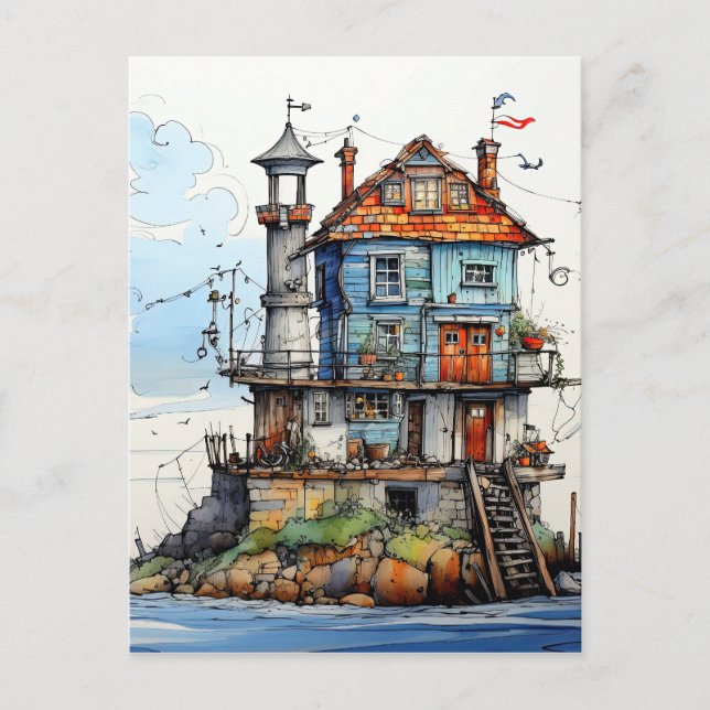 Arty Little Seaside Shack Art Postcard (Front)