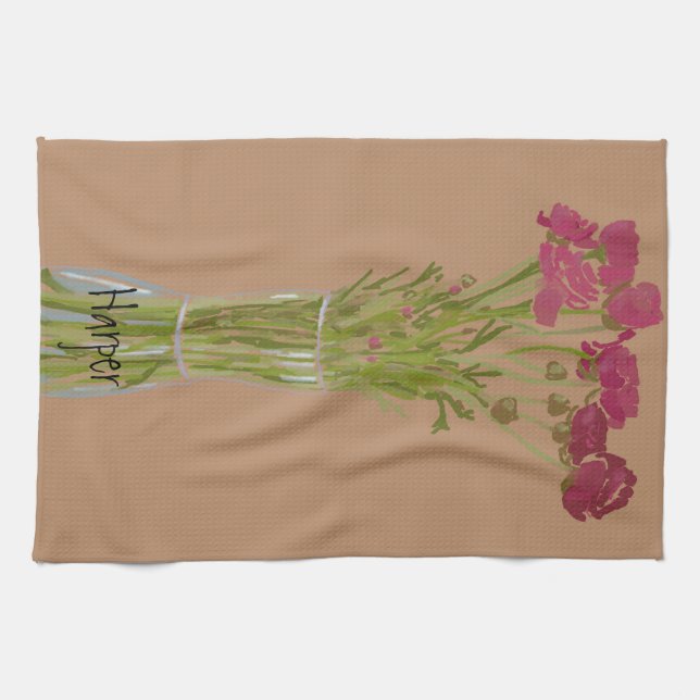 Arty Ranunculus Colorful Flower  +Custom Name Kitchen Towel (Horizontal)