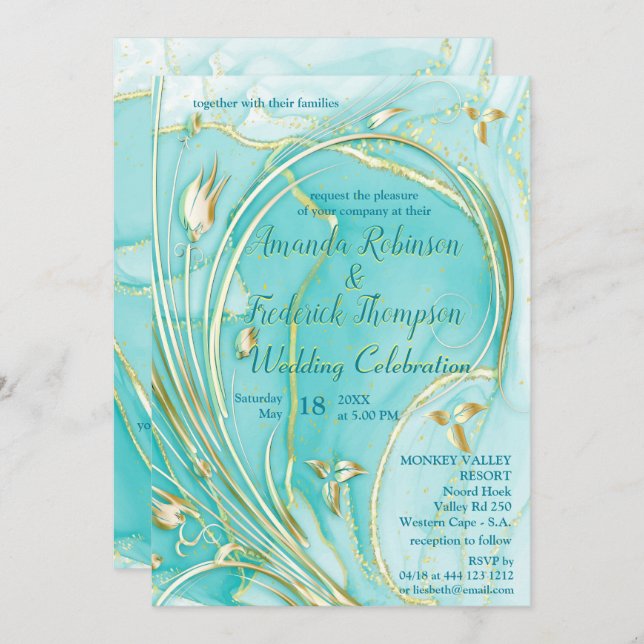 Arty turquoise Gold abstract flower Invitation (Front/Back)