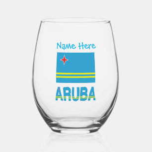Aruba and Aruban Flag Blue Personalization  Stemless Wine Glass