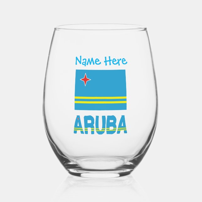 Aruba and Aruban Flag Blue Personalization  Stemless Wine Glass (Front)