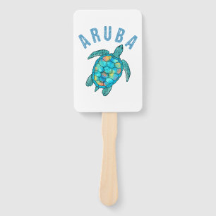 Aruba Beach Sea Turtle Illustration Hand Fan