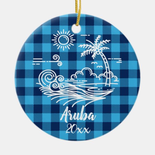 Aruba Blue Buffalo Check Christmas Ceramic Ornament
