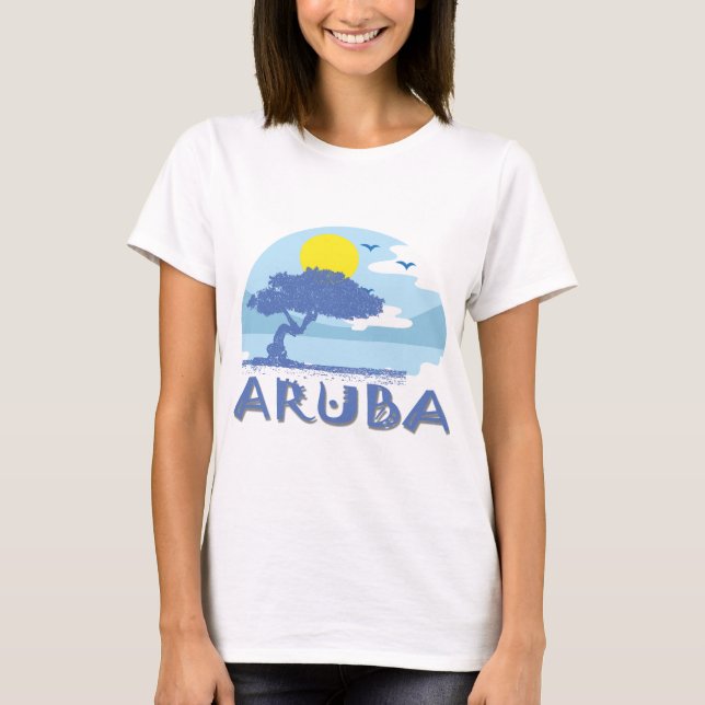 Aruba Blue Divi Divi Tree on Stylized Beach Print T-Shirt (Front)