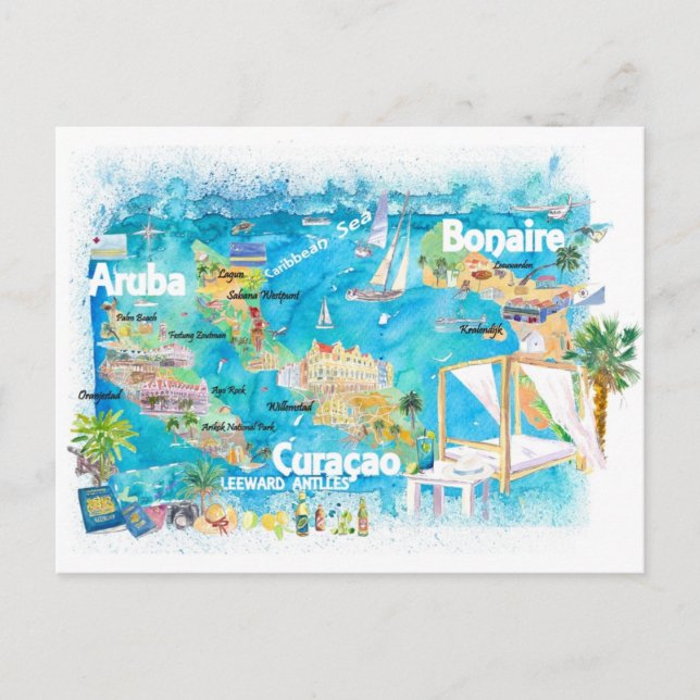 Aruba Bonaire Curacao Illustrated Islands Travel  Postcard (Front)