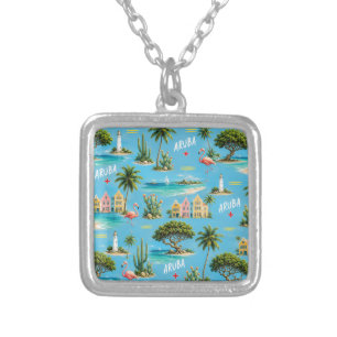 Aruba Caribbean Island lighthouse travel souvenir Silver Plated Necklace