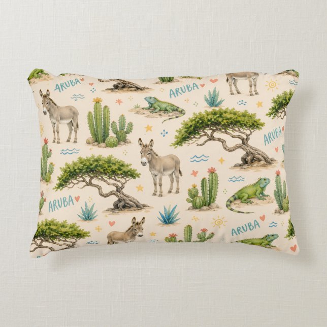 Aruba divi tree, donkey, iguana, cactus accent pillow (Front)