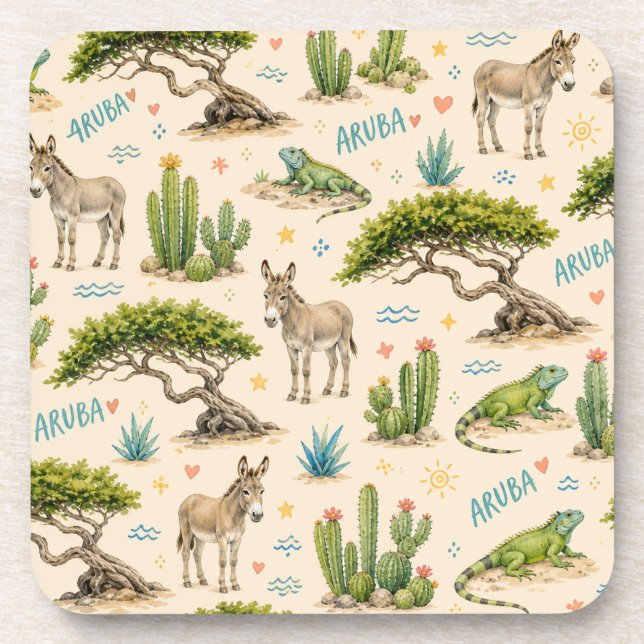 Aruba divi tree, donkey, iguana, cactus beverage coaster (Front)