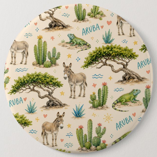 Aruba divi tree, donkey, iguana, cactus button (Front)