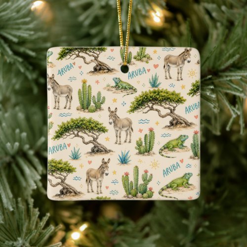 Aruba divi tree, donkey, iguana, cactus ceramic ornament