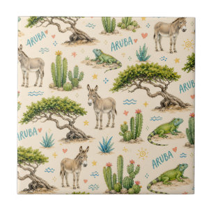 Aruba divi tree, donkey, iguana, cactus ceramic tile