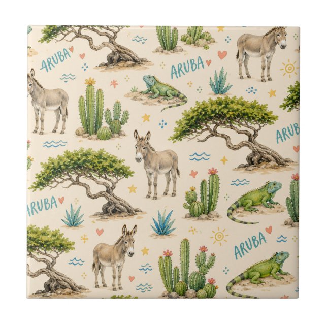 Aruba divi tree, donkey, iguana, cactus ceramic tile (Front)