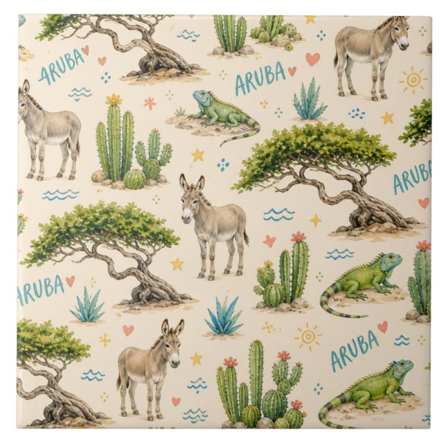 Aruba divi tree, donkey, iguana, cactus ceramic tile (Front)