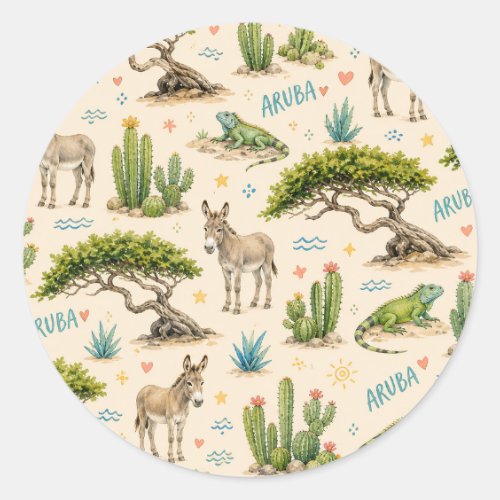 Aruba divi tree, donkey, iguana, cactus classic round sticker