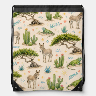 Aruba divi tree, donkey, iguana, cactus drawstring bag