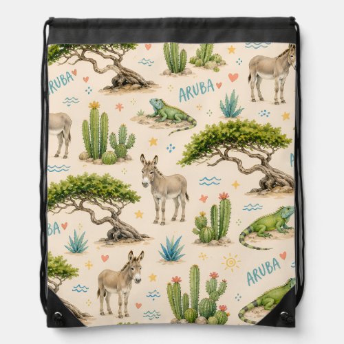 Aruba divi tree, donkey, iguana, cactus drawstring bag