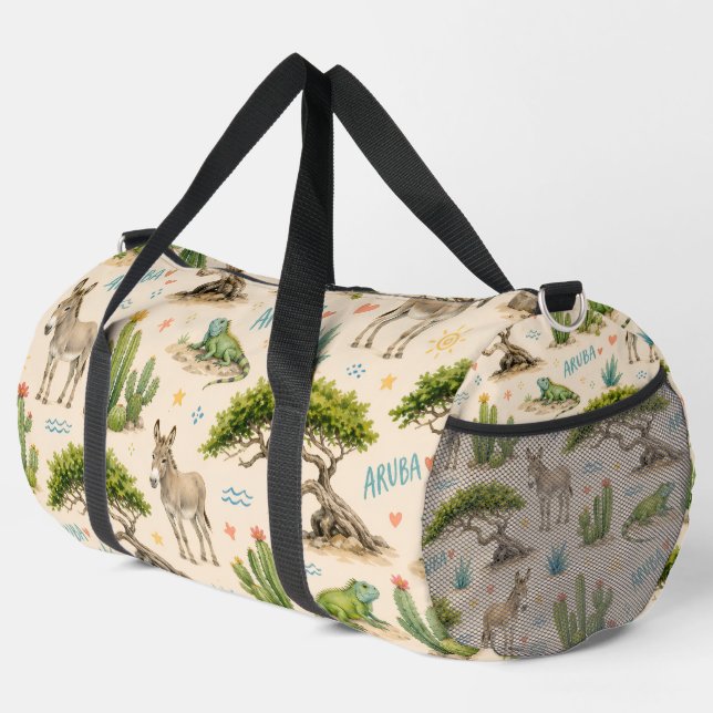 Aruba divi tree, donkey, iguana, cactus duffle bag (Right Corner)