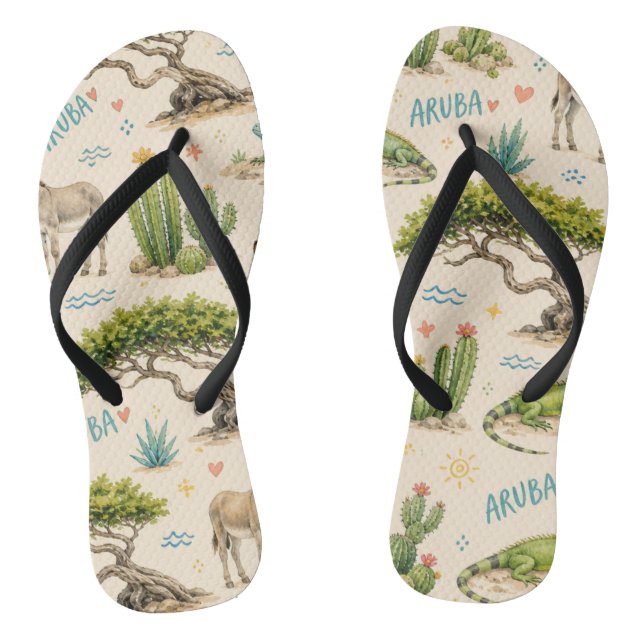 Aruba divi tree, donkey, iguana, cactus flip flops (Footbed)