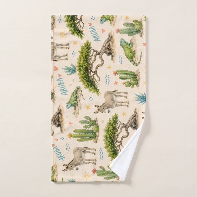 Aruba divi tree, donkey, iguana, cactus hand towel  (Hand Towel)