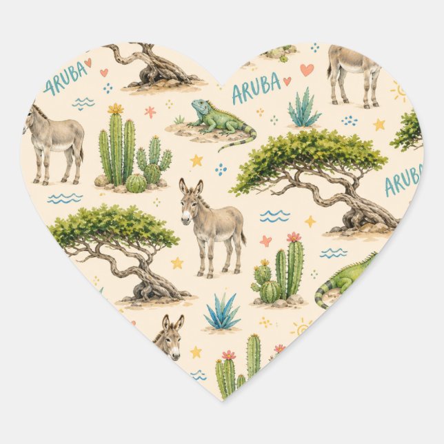 Aruba divi tree, donkey, iguana, cactus heart sticker (Front)