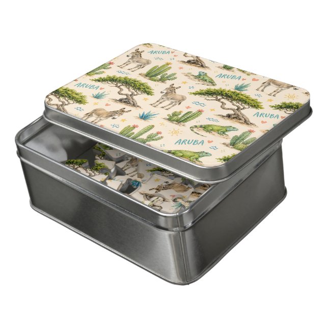 Aruba divi tree, donkey, iguana, cactus jigsaw puzzle (Lid Open)