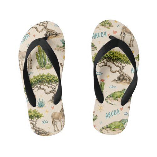 Aruba divi tree, donkey, iguana, cactus kid's flip flops