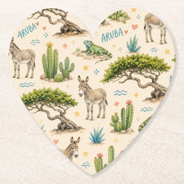 Aruba divi tree, donkey, iguana, cactus paper coaster (Front)