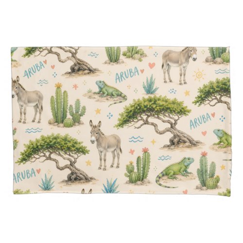 Aruba divi tree, donkey, iguana, cactus pillow case