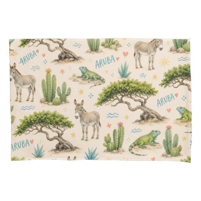 Aruba divi tree, donkey, iguana, cactus pillow case (Front)