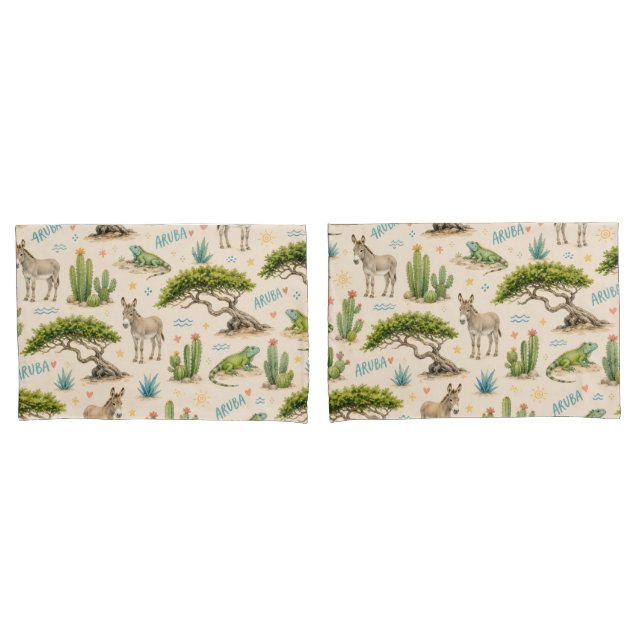 Aruba divi tree, donkey, iguana, cactus pillow case (Front-Set)