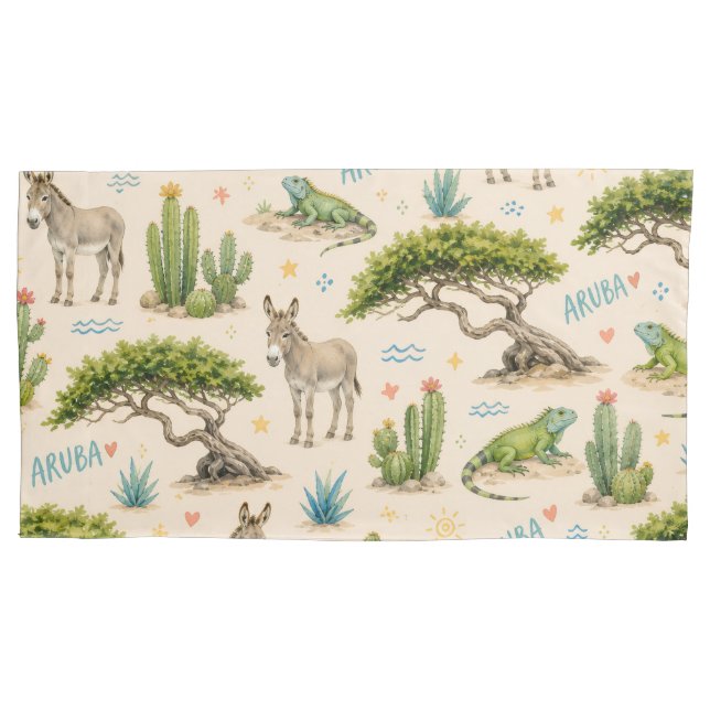 Aruba divi tree, donkey, iguana, cactus pillow case (Front)