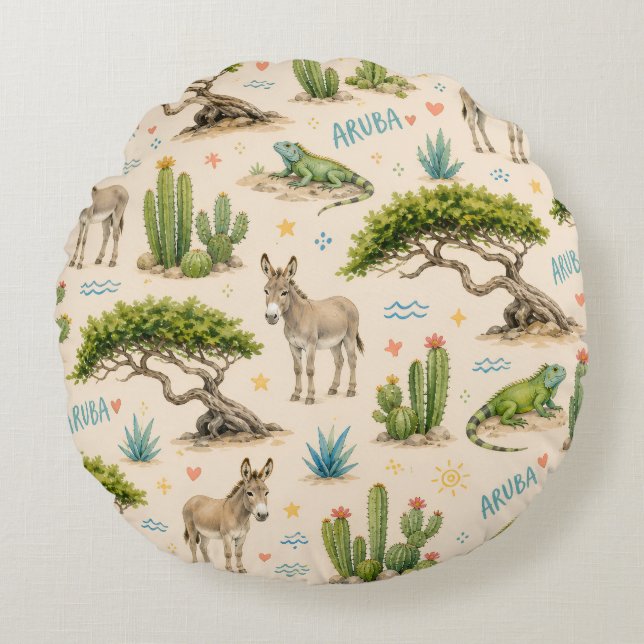 Aruba divi tree, donkey, iguana, cactus round pillow (Front)