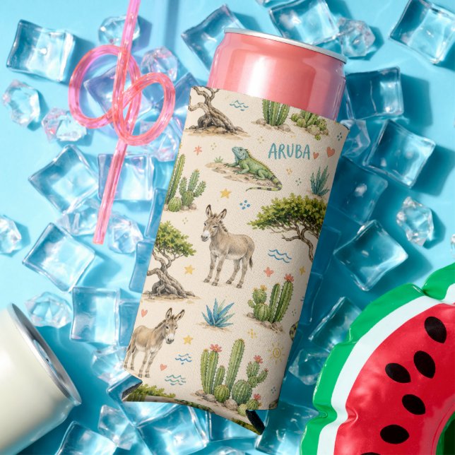 Aruba divi tree, donkey, iguana, cactus seltzer can cooler (In Situ Summer)