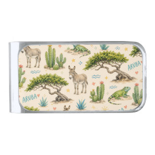 Aruba divi tree, donkey, iguana, cactus silver finish money clip