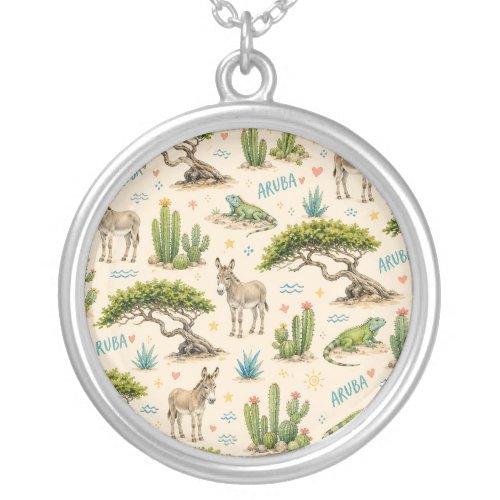 Aruba divi tree, donkey, iguana, cactus silver plated necklace