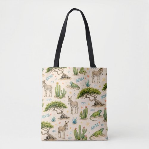 Aruba divi tree, donkey, iguana, cactus tote bag