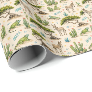 Aruba divi tree, donkey, iguana, cactus wrapping paper