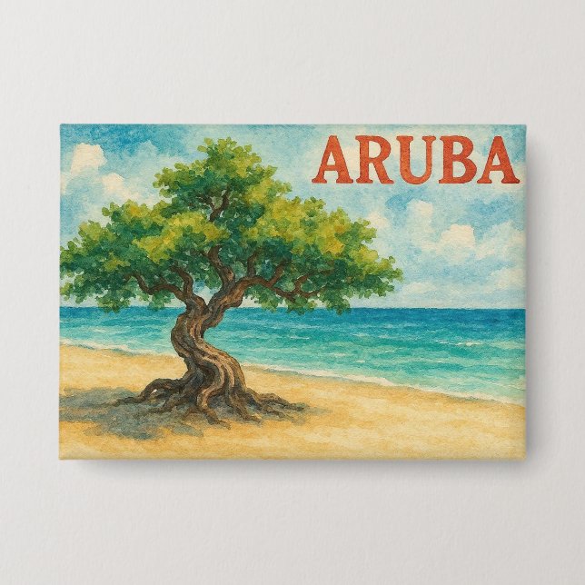 Aruba Divi Tree Eagle Beach watercolor Button (Front)