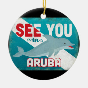 Aruba Dolphin - Retro Vintage Travel Ceramic Ornament
