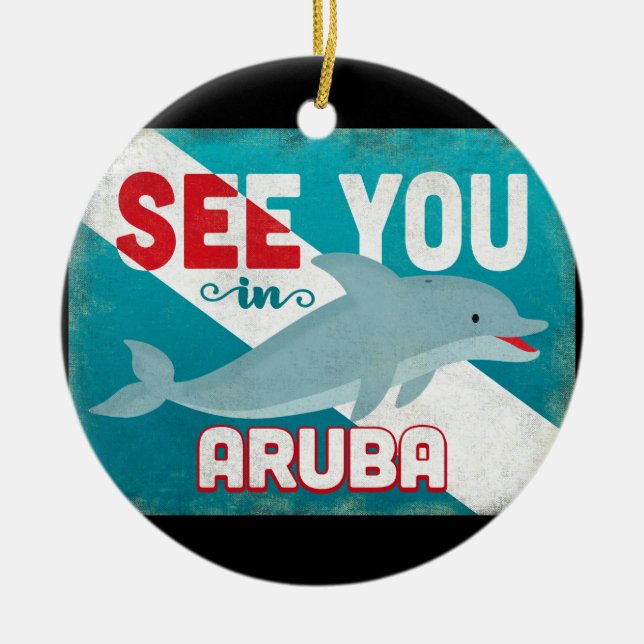 Aruba Dolphin - Retro Vintage Travel Ceramic Ornament (Front)