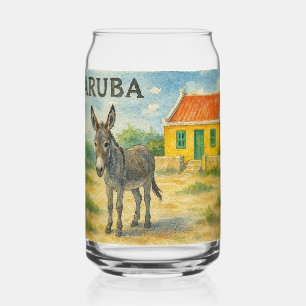 Aruba Donkey with Yellow Cunucu house watercolor Can Glass