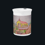 Aruba Drink Pitcher<br><div class="desc">A watercolor pencil sketch and painting of the Alto Vista Chapel in Aruba with Caribbean Sea and various cacti,  rocks and thorny shrubs.</div>